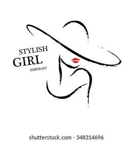 Vector hand drawn portrait of young stylish girl face isolated on white background. Artistic sketch line. Woman hat sign. Magazine cover, journal article, print, package design, shop and store logo.