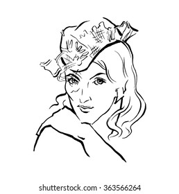 Vector hand drawn portrait of young stylish girl isolated on white background. Good for magazine cover, journal article, print, packaging design, shop and store logo.