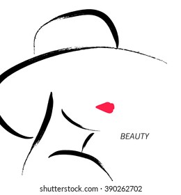 Vector hand drawn portrait of young girl face isolated on white background. Lady fashion style. Woman in hat. Good for magazine cover, journal article, print, package design, shop and store logo.
