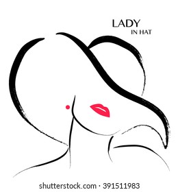 Vector hand drawn portrait of young attractive girl in black hat isolated on white background. Lady, woman fashion accessories. Magazine cover, journal article, print design, beauty shop, store logo.