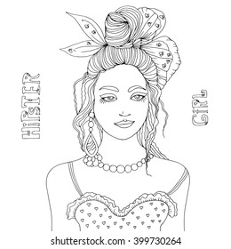 Vector hand drawn portrait of a young stylish girl. Hipster girl her hair collected in bunch with a large bow, top bodice with ruffles, earrings, necklaces. Caption hipster girl. On a white background