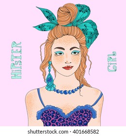 Vector hand drawn portrait of a young redhead stylish girl. Hipster Girl with freckles, her red hair collected in bunch with a large bow, top bodice with leopard print, jewelry earrings and necklace. 