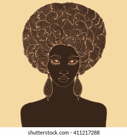 Vector hand drawn portrait of a young African girl with brown chocolate skin. African girl with magnificent curly afro hairstyle and volumetric earrings. Brown and beige lines. On a beige background