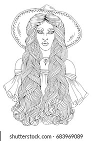 Vector hand drawn portrait of a young modern witch. A young girl with long wavy hair and a hat with wide brim. Patterned page for coloring book A4 size. Isolated on white background