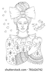 Vector hand drawn portrait of a young girl with a bundle of hair pinned with a bow holding a heart in her hand. Patterned coloring page A 4 size. A date for St. Valentine's Day