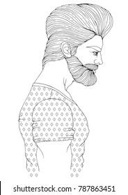 Vector hand drawn portrait of a young man in profile with a mustache and beard in a T-shirt with a diamond print. Patterned coloring page A 4 size. A date for St. Valentine's Day