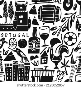 Vector hand drawn Portugal landmarks seamless pattern. Travel illustrations of Portuguese Republic symbols. Hand drawn lettering. Europe icons background 