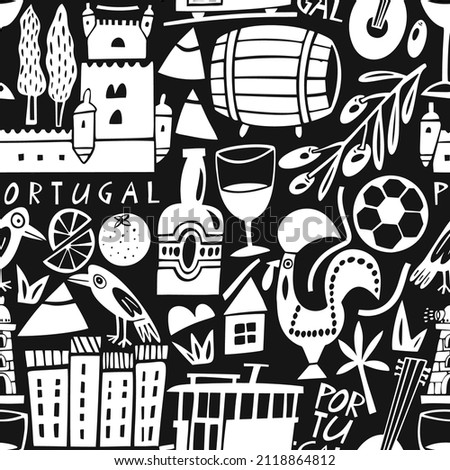 Vector hand drawn Portugal landmarks seamless pattern. Travel illustrations of Portuguese Republic symbols. Hand drawn lettering. Europe icons background 