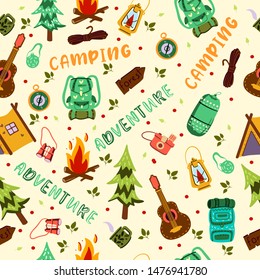Vector hand drawn positive colorful cartoon seamless pattern with tent, pine, guitar, campfire, bag pack, compass, camera, lamp, sleeping bag and rope. Isolated on the beige background.