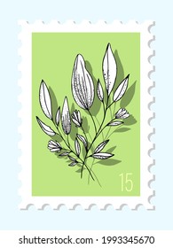 Vector hand drawn postage stamp. Modern vector isolated design of postage stamp. Vector illustration of pink flowers with leaves. Postage Stamp. Post office and post office