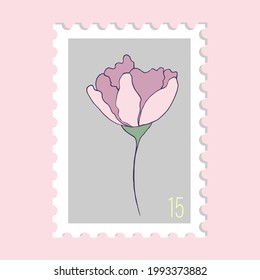 Vector hand drawn postage stamp. Modern vector isolated design of postage stamp. Vector illustration of pink flowers with leaves. Postage Stamp. Post office and post office