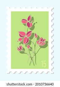 Vector hand drawn postage stamp. Modern vector isolated design of postage stamp. Vector illustration of pink flowers with leaves. Postage Stamp. Post office and post office