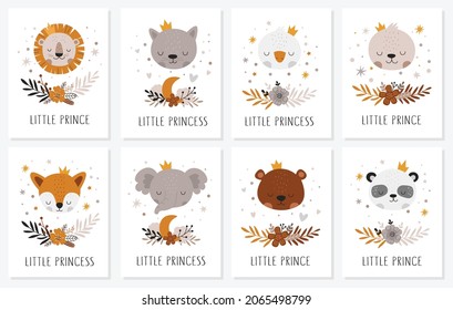 Vector hand drawn postcard collection with animals and branches, decor elements for nursery. Little prince, princess. Perfect for birthday, children's party, clothing prints, greeting cards