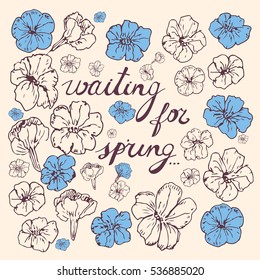 Vector hand drawn postcard illustration with sketchy partly colored bell flowers augmented with an inscription. Decoration for printed production, floral theme, holiday theme, textile pattern.