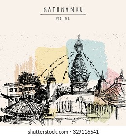 Vector hand drawn postcard with Swayambhu temple in Kathmandu, Nepal, before earthquake. Travel sketch on  textured Nepalese paper. Artistic hand drawing