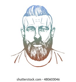 Vector. Hand drawn poster with bearded man head. Trendy style,inspirational poster. Hipster hair and beards.