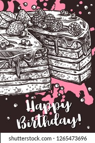 Vector hand drawn poster with cake. Homemade bakery and desserts colorful sketch design with typographic on chalkboard. Happy birthday card