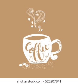 Vector hand drawn poster - Coffee time any time. Hand lettering illustration in beige and white colors.