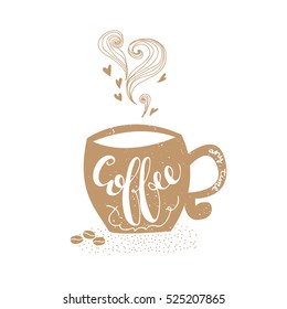 Vector hand drawn poster - Coffee time any time. Hand lettering illustration in beige and white colors.