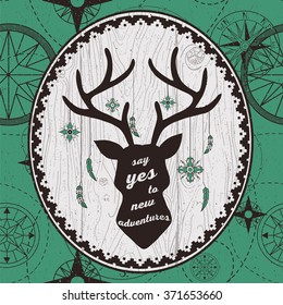 Vector hand drawn poster with deer head silhouette and quote.