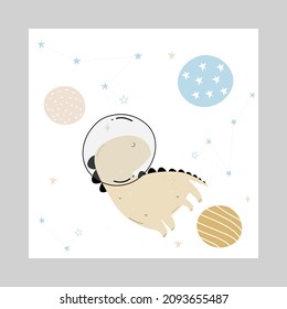 Vector hand drawn poster with dinosaur in space. Cute dino, print for baby clothes, textiles, baby wallpapers. Stars, planets and constellations on a white background.
