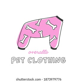 Vektor handgezeichnetes Poster, HundeOveralls mit Knochendruck. Pet-Shop mit Bekleidungskonzept einzeln auf weißem Hintergrund
