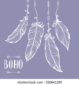 Vector hand drawn poster with feathers and beads. Bohemian style. 