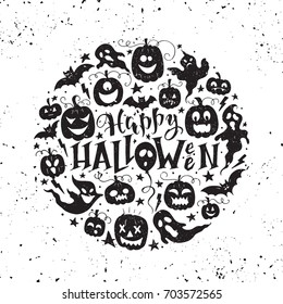 Vector hand drawn poster with hand-lettering, scary pumpkins, ghosts and bat. Happy Halloween greeting card with pumpkin and ghosts. Perfect design element for poster or banner.