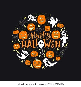 Vector hand drawn poster with hand-lettering, scary pumpkins, ghosts and bat. Happy Halloween greeting card with pumpkin and ghosts. Perfect design element for poster or banner.