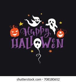 Vector hand drawn poster with hand-lettering, scary pumpkins, ghosts. Happy Halloween greeting card. Perfect design element for poster or banner.
