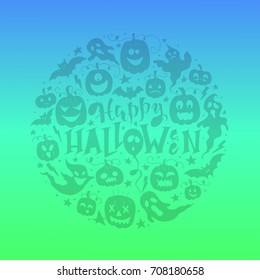 Vector hand drawn poster with hand-lettering, scary pumpkins, ghosts and bat. Happy Halloween greeting card with pumpkin and ghosts. Perfect design element for poster or banner.