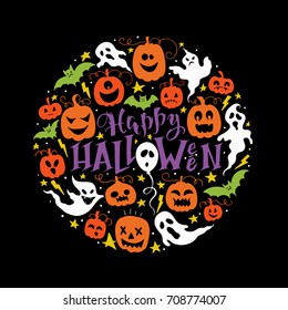 Vector hand drawn poster with hand-lettering, scary pumpkins, ghosts and bat. Happy Halloween greeting card with pumpkin and ghosts. Perfect design element for poster or banner.
