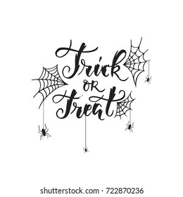 Vector hand drawn poster with hand-lettering, scary spiders and spiderweb isolated on white.  Trick or Treat greeting card. Perfect design element for poster or banner.