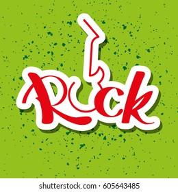 Vector hand drawn poster with lettering element in the form of the word rock and stylized guitar on the light green background of points.