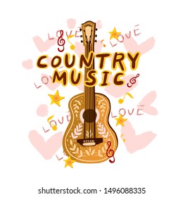 Vector hand drawn poster “I Love Country Music” with acoustic guitar on the background of pink hearts and the word “Love”. For music festival banners, invitations, articles, advertisements. 