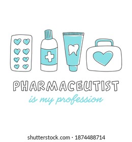 Vector Hand Drawn Poster. Set Of Icons: Pills, Tooth Paste And First Aid Kit. Pharmaceutical Or Drug Store Concept, Isolated On White Background