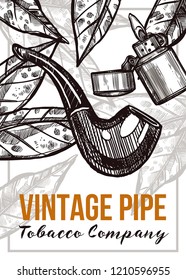 Vector hand drawn poster with sketch vintage retro pipe, lighter and tobacco leaves. Template of design about smoking