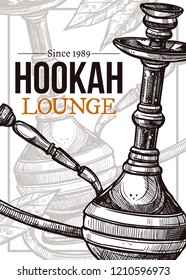 Vector hand drawn poster with sketch hookah lounge. Template of design about smoking