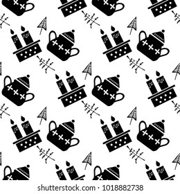 Vector hand drawn poster in the style of "Hygge" and seamless pattern with a picture of candles and sugar bowls in Scandinavian folk patterns. For the menu of tea cafe, packing, posters.