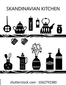 Vector hand drawn poster in the style of "Hygge".  Kitchenware in the Scandinavian folk patterns. For the menu of tea cafe, packing.