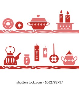 Vector hand drawn poster in the style of "Hygge".  Kitchenware in the Scandinavian folk patterns. For the menu of tea cafe, packing.