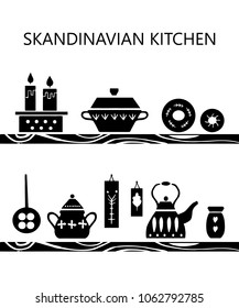 Vector hand drawn poster in the style of "Hygge".  Kitchenware in the Scandinavian folk patterns. For the menu of tea cafe, packing.