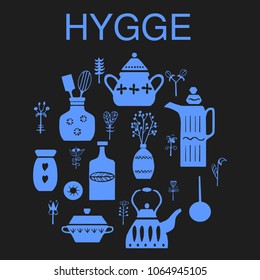 Vector hand drawn poster in the style of "Hygge". Kitchenware in the Scandinavian folk patterns. For the menu of tea cafe, packing.