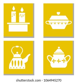 Vector hand drawn poster in the style of "Hygge". Kitchenware in the Scandinavian folk patterns. For the menu of tea cafe, packing.