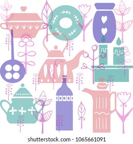 Vector hand drawn poster in the style of "Hygge".  Kitchenware in the Scandinavian folk patterns. For the menu of tea cafe, packing.