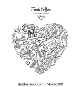 Vector hand drawn poster template coffee page design in the form heart with vector sketch cups, hot drinks, French press, brewer for label menu cafe and coffeehouse.