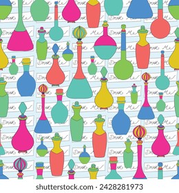 Vector hand drawn potion flasks and bottles seamless pattern, perfect for spooky events and themes.