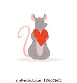 Vector hand drawn pretty rat. Cute grey mouse in love holding heart. 2020 Chinese New Year symbol - postcard, greeting card, poster, print