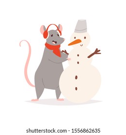 Vector hand drawn pretty rat. Cute grey mouse in winter season with snow man. 2020 Chinese New Year symbol - postcard, greeting card, poster, print