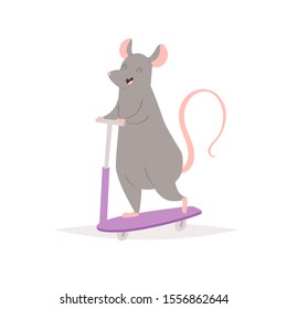 Vector hand drawn pretty rat. Cute grey mouse in spring season riding a scooter. 2020 Chinese New Year symbol - postcard, greeting card, poster, print
